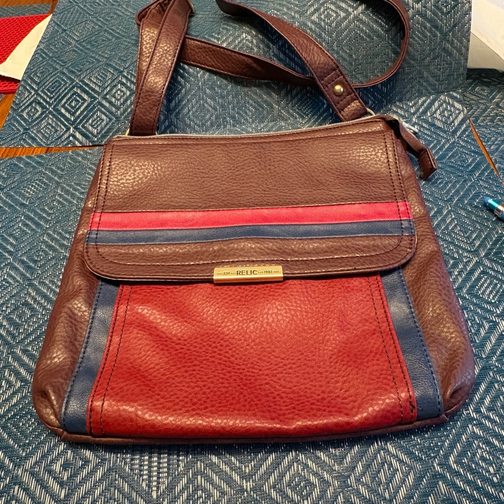 Relic Leather Crossbody Bag in Brown and Red with Blue Accents